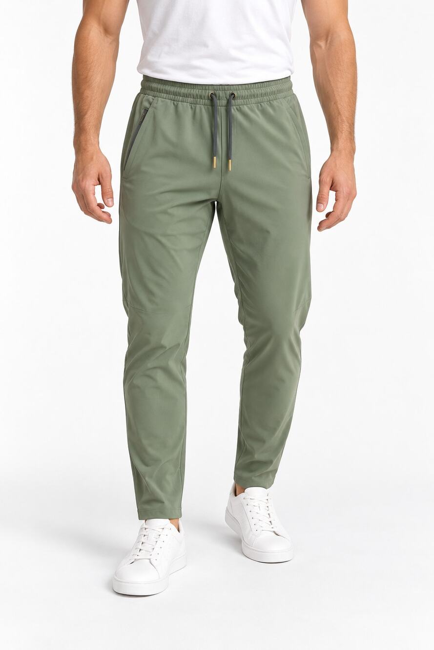 01.ALGO Mens Medium Olive Green Performance Pants Stretch Drawstring Athletic